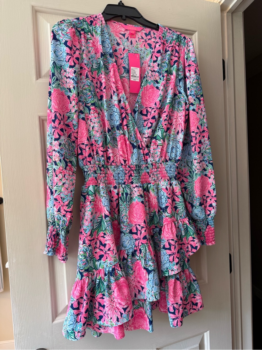 Floral Pink & Blue Wrap-Style Ruffle Dress